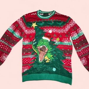 Festive Dinosaur Christmas Sweater - Red and Green